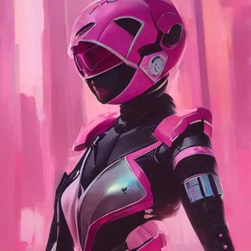 Prompt: anime cyberpunk pink power ranger, intricate oil painting by greg rutkowski, trending on artstation