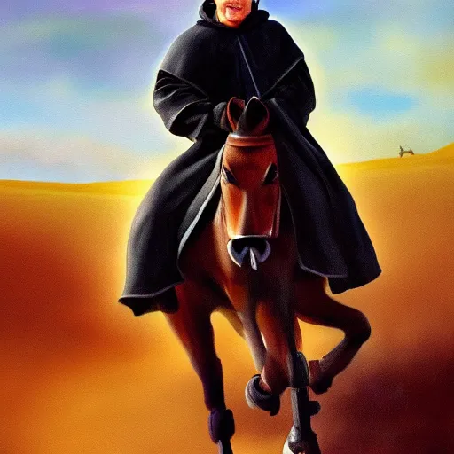 Image similar to anakin skywalker riding a pony, cinematic painting