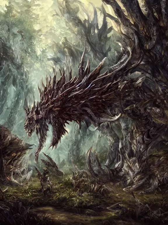 Image similar to final fantasy beast in the woods, highly detailed, digital art, sharp focus, trending on art station, warhammer fantasy,