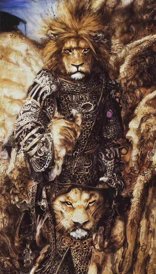 Image similar to 8 k yoshitaka amano painting of upper body of a young cool looking lion beastman with white mane at a medieval market at windy day. depth of field. he is wearing complex fantasy clothing. he has huge paws. renaissance style lighting.