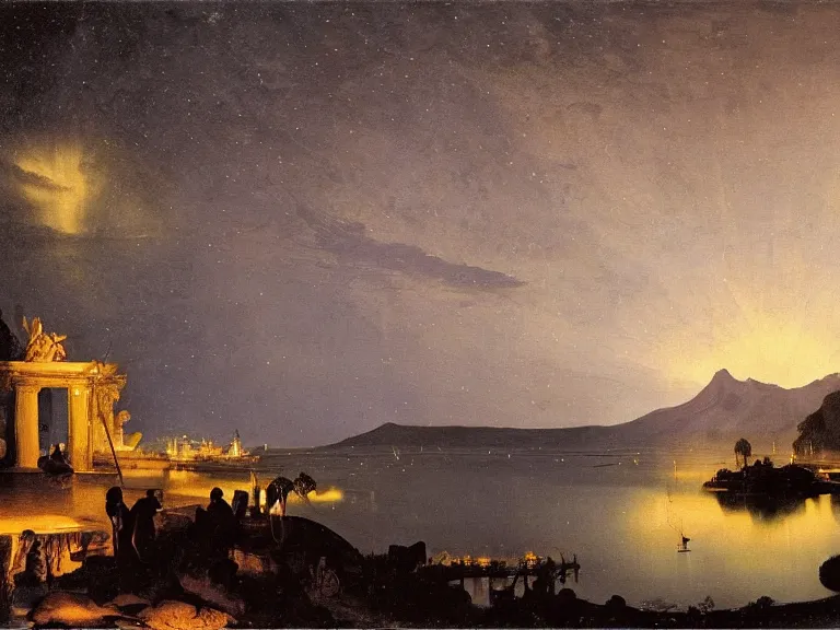 Prompt: an oil painting of a volcanic lake of black oil at dusk with aurora and stars lighting up the sky by carl spitzweg and tuomas korpi. baroque elements, full-length view. baroque element. intricate artwork by caravaggio. Trending on artstation. 8k