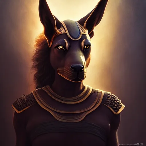 Image similar to Majestic gracious Anubis female warrior portrait, atmospheric lighting, painted, intricate, volumetric lighting, beautiful, rich deep colours masterpiece, golden hour, sharp focus, ultra detailed, by Leesha Hannigan, Ross Tran, Thierry Doizon, Kai Carpenter, Ignacio Fernández Ríos