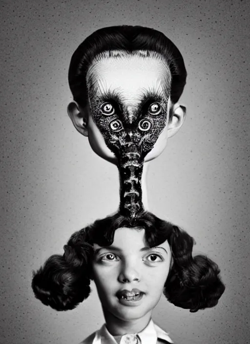 Image similar to surreal portrait of a girl whose head is a tarantula and whose body is dressed in a 1950s school dress, inspired by Mark Ryden and Marion Peck, hints of Cronenberg