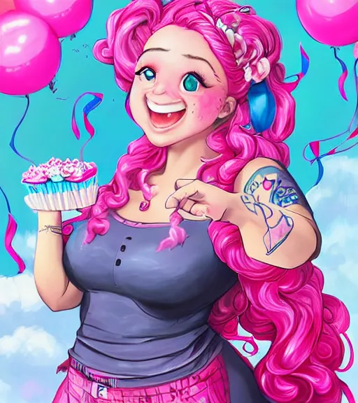 Image similar to humanized pinkie pie throws a party, a plus sized!!! white girl with curly pink hair and freckles throws a party, extremely energetic, very fun, laughter, art by stanley lau, artgerm, rossdraws, ross tran, sakimichan, cyarine, beautiful art