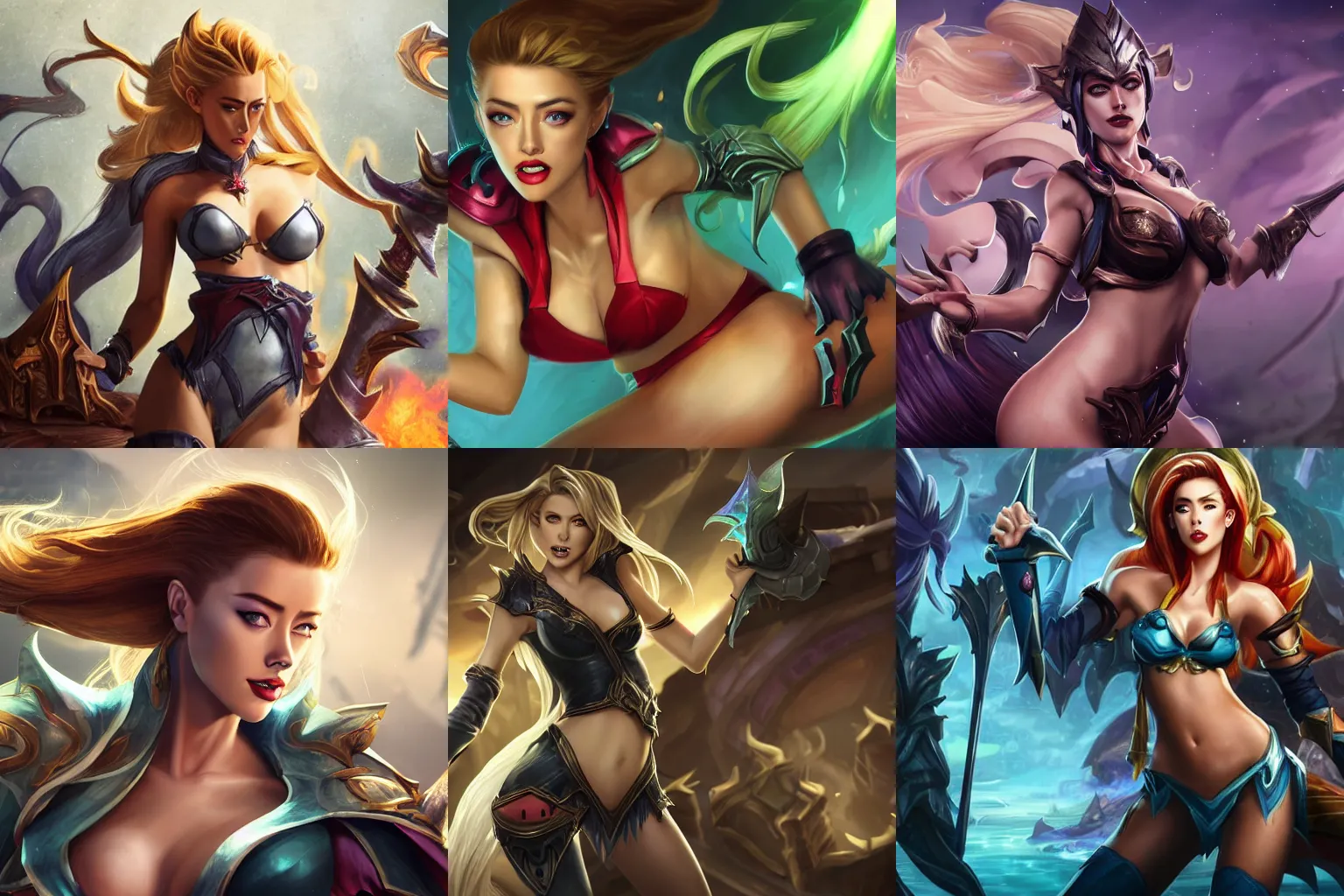 Prompt: Splash art of Amber Heard from league of legends by Alex Flores, Chengwei Pan, Bo Chen, Jennifer Wuestling, 4K, UHD, High quality, Trending on Artstation HQ; Foreground : Amber Heard alone ; Background : simple color; Full Body with feet visible : Perfectly drawned arms, small waist, hugest hips, thick thighs; Wear : SFW clothes hiding bust and crotch; Face : Perfectly drawed perfect face, eyes and lips