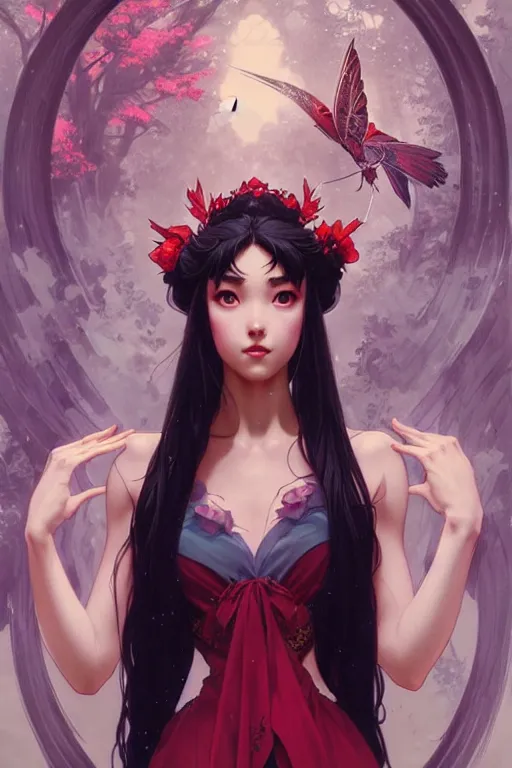 Image similar to Rei Hino as a princess, fantasy, intricate, elegant, highly detailed, digital painting, artstation, concept art, matte, sharp focus, illustration, art by Artgerm and Greg Rutkowski and Alphonse Mucha