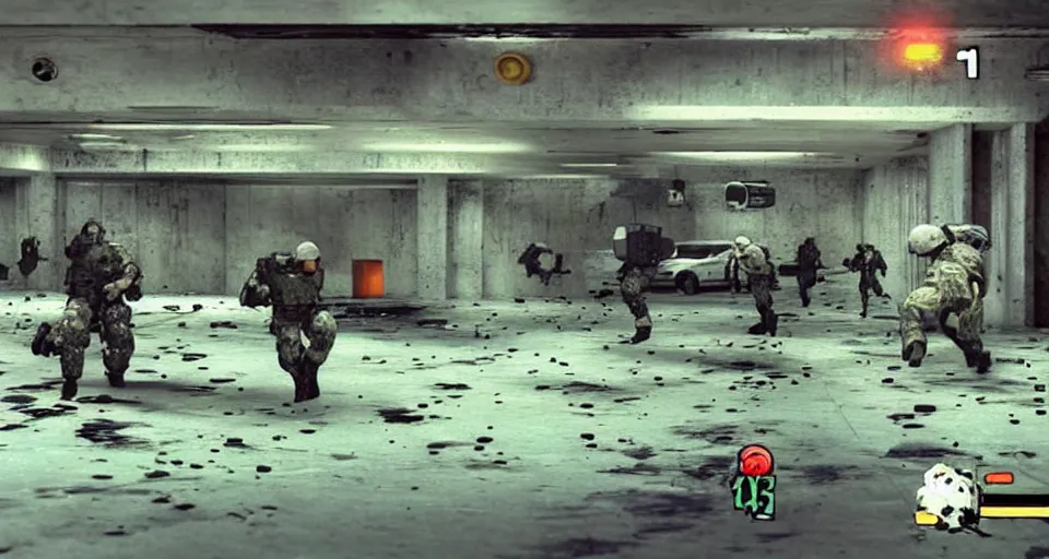 Image similar to 1996 Video Game Screenshot of Neo-tokyo Cyborg bank robbers vs police, Set inside of Parking Garage, Dark, Multiplayer set-piece Ambush, Tactical Squads :10, Police officers under heavy fire, Suppressive fire, Pinned down, Destructible Environments, Gunshots, Headshot, Bullet Holes and Anime Blood Splatter, :10 Gas Grenades, Riot Shields, MP5, AK45, MP7, P90, Chaos, Anime Machine Gun Fire, Gunplay, Shootout, :14 FLCL + Akira, Cel-Shaded:15, Created by Katsuhiro Otomo + Studio Gainax + Trending on Artstation: 20