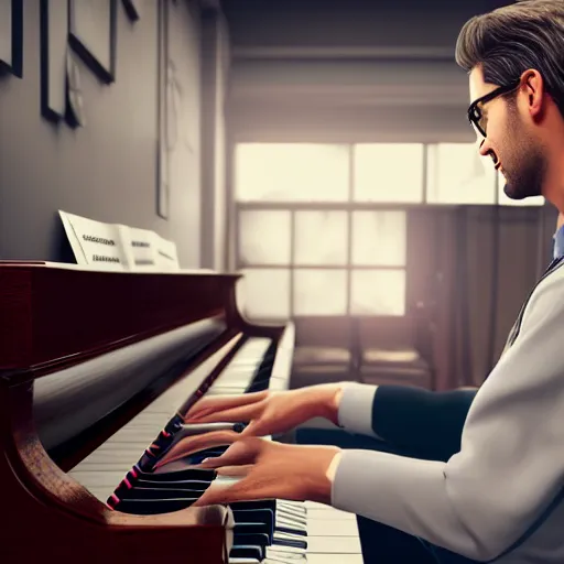 Image similar to a photorealistic photograph of a tall and handsome kidney transplant expert playing the piano. Trending on Artstation, featured on Behance, well-rendered, Unreal Engine, 4K HD