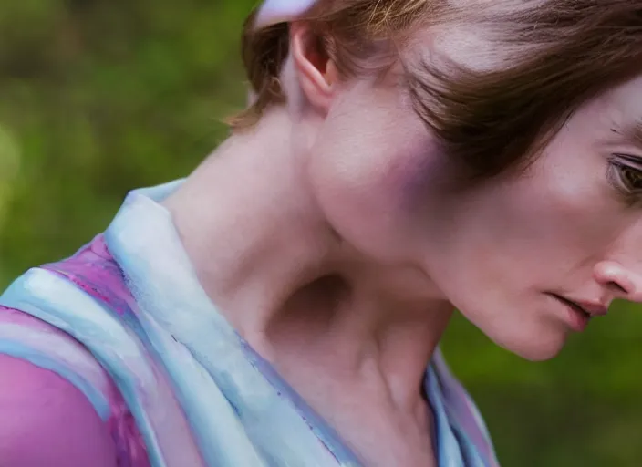 Prompt: cinematic mid shot of a high detail, refined woman's face looking off camera. fine facial features. she stands in an empty, pastel colourful 3 d, forrest scene, shallow depth of field, at the scene of a crime, by jeffrey smart and gregory crewdson and edward hopper, inspired by the grand budapest hotel