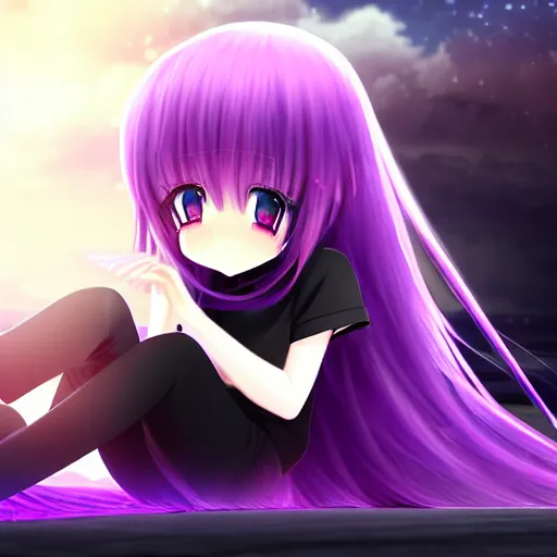 Prompt: A render of a cute young 3D anime girl with long violet hair, she is laying on her back, top down camera angle pointing at her face, she is wearing a long flowing black reaper hood with black pants, a bloody scythe is laying next to her foot, in a busy street, laying on her back, full body, dark and moody lighting, night time
