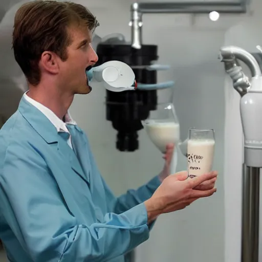 Image similar to milk is flowing like a river out of a scientist's mouth and it is flowing into the mouth of an android