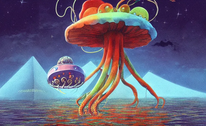 Prompt: a realistic cell - shaded studio ghibli concept art from paprika ( 2 0 0 6 ) of a flying multi - colored octopus from close encounters of the third kind ( 1 9 7 7 ) and dimensional portal to another world above a flooded white pyramid on a misty starry night. very dull colors, wide shot, hd, 4 k, hq