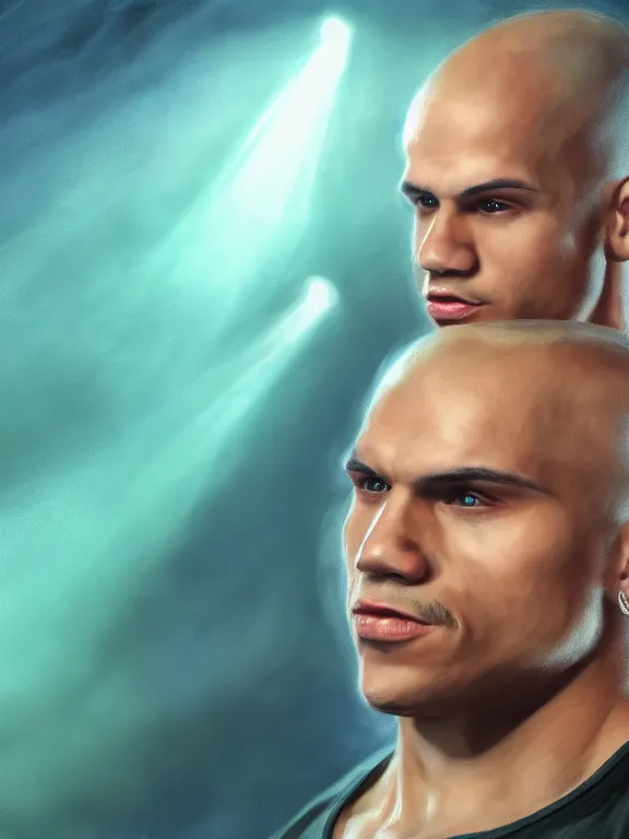 Image similar to portrait art of Tyler1 with long flowing hair, 8k ultra realistic , lens flare, atmosphere, glow, detailed, intricate, full of colour, cinematic lighting, trending on artstation, 4k, hyperrealistic, focused, extreme details, unreal engine 5, cinematic, masterpiece