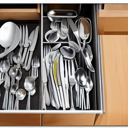 Prompt: a partially opened silverware drawer