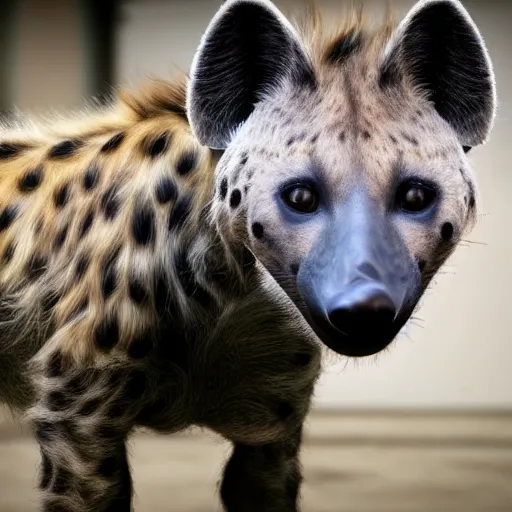 Image similar to hyena and robot hybrid, half robot half hyena, realistic proportions, picture taken in zoo, highly detailed