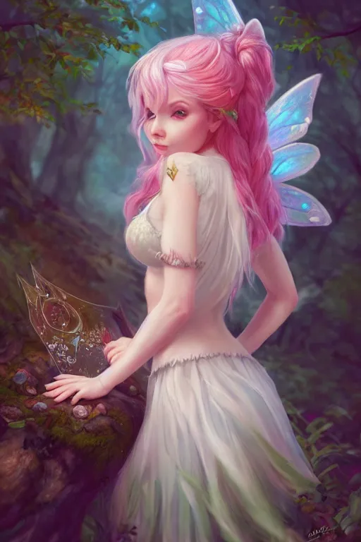 Image similar to a cute fairy in the dreamy forest, fantasy, 8 k resolution, hyper detailed, d & d, character design, digital painting, trending on artstation, sharp focus, illustration, art by artgerm, steve zheng, fuji choko, viktoria gavrilenko, hoang lap