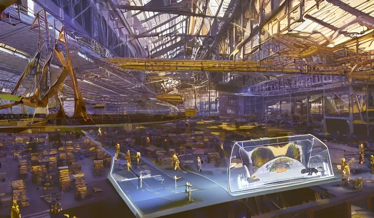 Image similar to large group people in a frame warehouse, looking at hologram of futuristic city on a table, cinematic concept art, godrays, golden hour, natural sunlight, 4 k, clear details, tabletop model buildings, center tabletop model, hologram center, crane shot, crane shot, crane shot