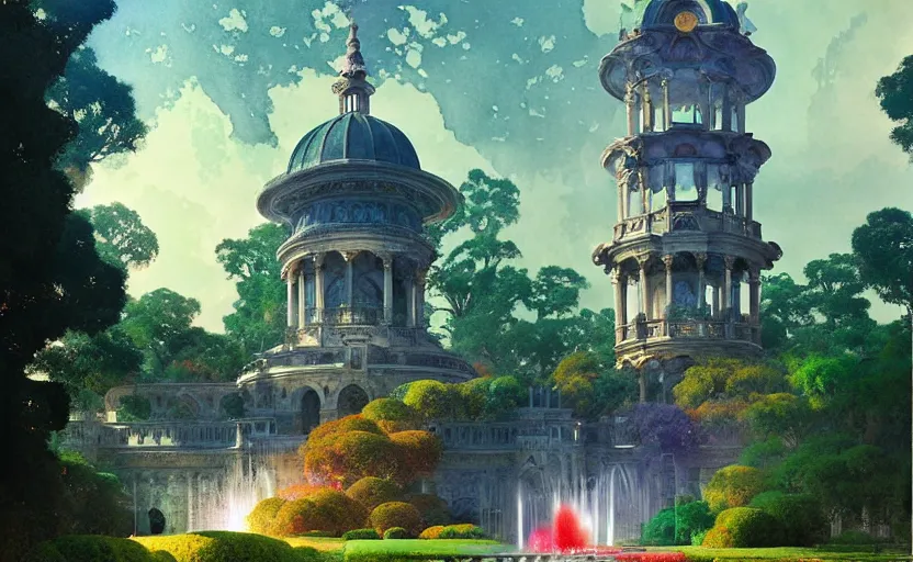 Prompt: neoclassical tower with dome on the forest next to a fountain, fantasy. intricate, amazing composition, colorful watercolor, by ruan jia, by maxfield parrish, by marc simonetti, by hikari shimoda, by robert hubert, by zhang kechun, illustration, gloomy