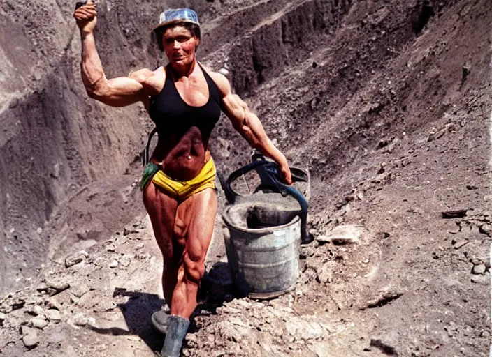 Image similar to 90's professional color photograph, A muscular woman who labors in the mines.