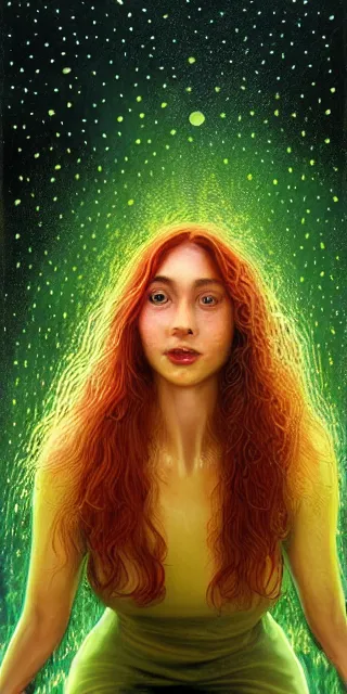 Image similar to infp young woman, smiling amazed, golden fireflies lights, sitting in the midst of nature fully covered, long loose red hair, intricate linework, green eyes, small nose with freckles, oval shape face, realistic, expressive emotions, dramatic lights spiritual scene, hyper realistic ultrafine art by michael cheval, jessica rossier, boris vallejo