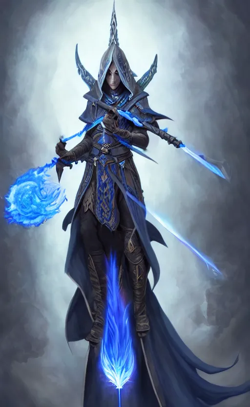 Image similar to legendary dark elf wizard with blue flame staff, highly detailed, d & d, fantasy, highly detailed, digital painting, trending on artstation, concept art, sharp focus, illustration, global illumination, ray tracing, realistic shaded, art by artgerm and greg rutkowski and fuji choko and viktoria gavrilenko and hoang lap