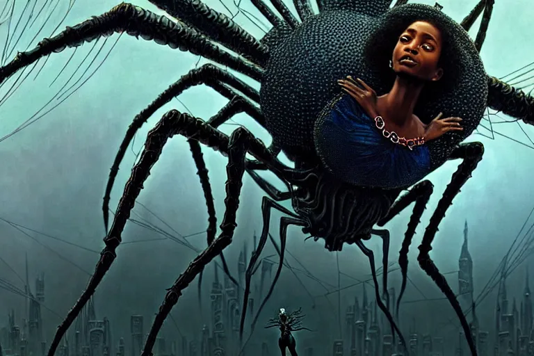 Image similar to realistic detailed closeup portrait movie shot of a beautiful black woman riding a giant spider, dystopian city landscape background by denis villeneuve, amano, yves tanguy, alphonse mucha, max ernst, ernst haeckel, edward robert hughes, roger dean, cyber necklace, rich moody colours, sci fi patterns, wide angle