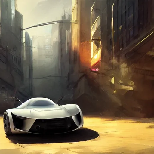 Image similar to full view of a car, elegant, digital painting, concept art, smooth, sharp focus, art style from Wang Ke and Greg Rutkowski and Bruce Kaiser and Scott Robertson and Dmitry Mazurkevich and Doruk Erdem and Jon Sibal, small style cue from Blade Runner and Minority Report and iRobots