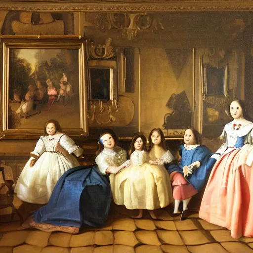 Image similar to a highly super quality oil canva family portrait in the main room of the castle painted in 1 6 5 6, dark room, one point of light coming through the window inspired by las meninas, clear spaces between each subject and good detail and realistic eyes, faces for each person in the canva, inspired by diego velasquez better quiality