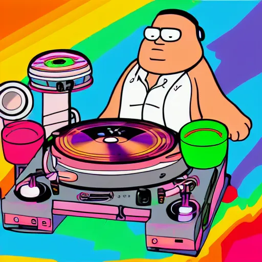 Image similar to svg sticker of a Family-Guy Peter-Griffin at a rave, spinning records, giant headphones rocking out, wearing headphones, huge speakers, dancing, rave, DJ, spinning records, digital art, amazing composition, rule-of-thirds, award-winning, trending on artstation, featured on deviantart