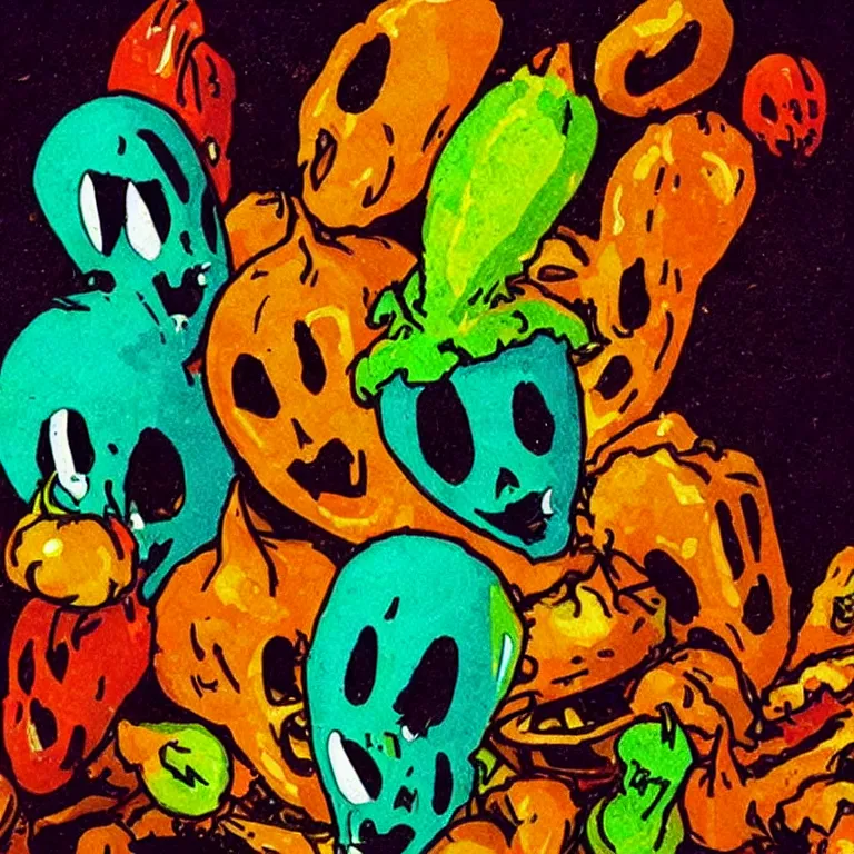 Prompt: “ ghost peppers stacked up in the style of the art of hylics ”