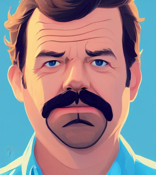 Image similar to face icon stylized minimalist jason sudeikis with mustache wearing blue shirt white color, loftis, cory behance hd by jesper ejsing, by rhads, makoto shinkai and lois van baarle, ilya kuvshinov, rossdraws global illumination