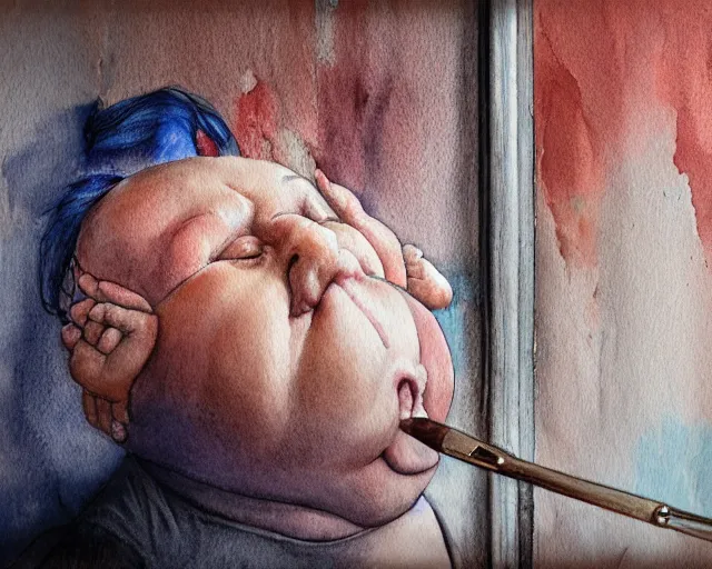 Image similar to an innocent and beautiful scene in hyper realistic style, watercolor and pen oily drawing on wood, of a fat old woman is painting a huge baby's head on the wall, lighting from the barred window. shadows. 4 k. wide angle. wild mood. red mouth, blue eyes. deep focus, lovely scene. ambient occlusion render. unreal engine.