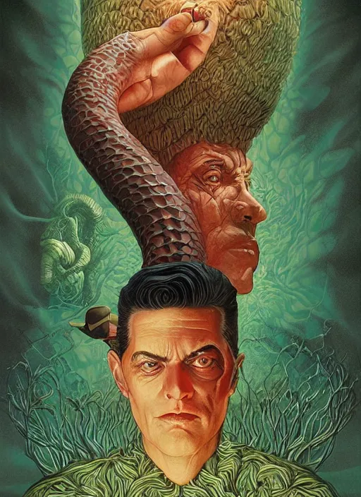 Prompt: poster artwork by Michael Whelan and Tomer Hanuka, Karol Bak of snake in the grass, from scene from Twin Peaks, clean