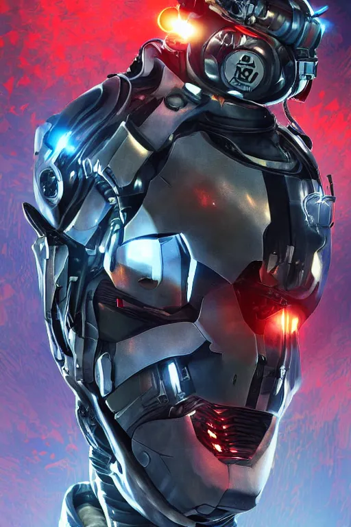 Image similar to cyber cyborg ninja mask helmet metal gear solid artic suit swat commando, global illumination ray tracing hdr fanart arstation by sung choi and eric pfeiffer and gabriel garza and casper konefal, a spectacular view cinematic rays of sunlight comic book illustration, by john kirby