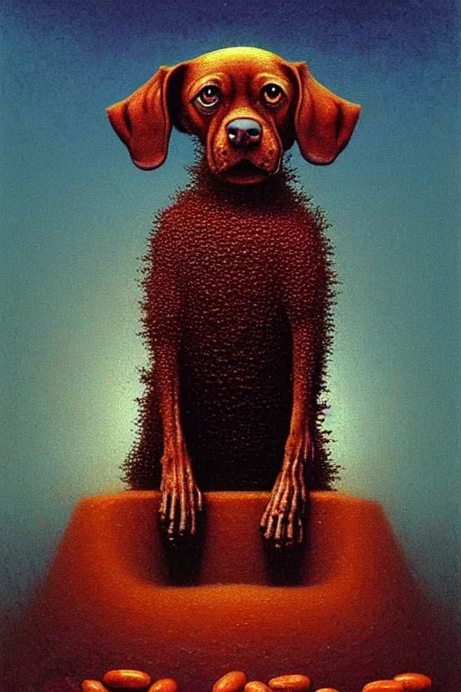 Image similar to painting of a very cute dog, dog is made of baked beans, baked bean skin texture, by zdzislaw beksinski, by dariusz zawadzki, by wayne barlowe, gothic, surrealism, cosmic horror, lovecraftian, cold hue's, warm tone gradient background, concept art, beautiful composition