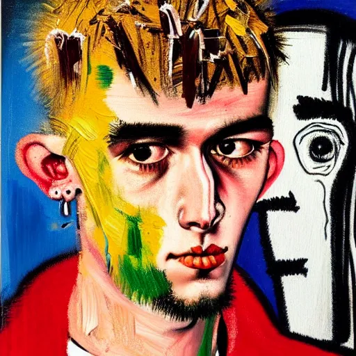 Prompt: detailed neo expressionism oil painting of sad boy lil peep rapper by basquiat and norman rockwell