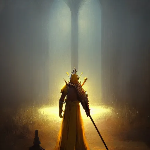 Prompt: A holy yellow knight by Greg Rutkowski, photorealistic, volumetric lighting, HD, subtle details, dramatic