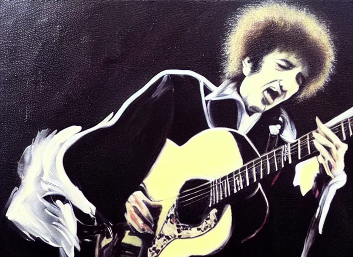 Prompt: “an oil painting of bob dylan doing an impression of Elvis”