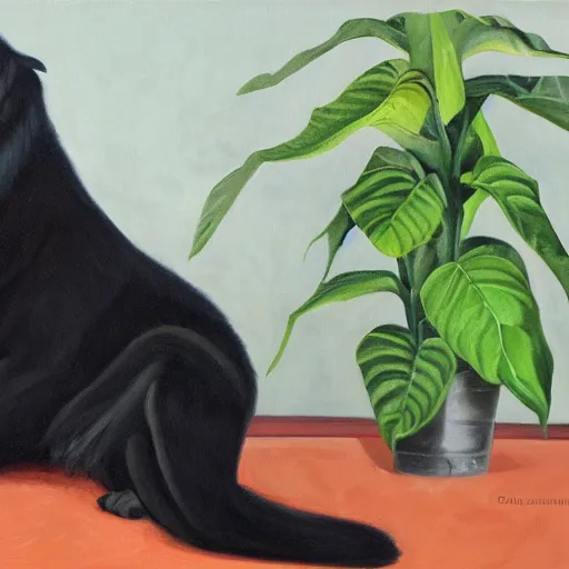 Prompt: oil painting of a vicious black dog bearing its fangs next to brugmansia suaveolens flowers, dark background