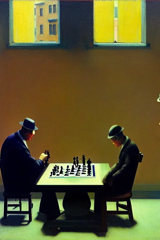 Prompt: group of men watching a little kid playing chess with a robot, edward hopper and james gilleard zdzislaw beksisnski higly detailed