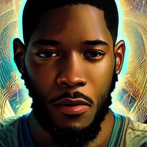 Image similar to scifi character portrait of Kid Cudi, utopian mood, intricate, wild, highly detailed, digital painting, artstation, concept art, smooth, sharp focus, illustration, art by artgerm and greg rutkowski and alphonse mucha