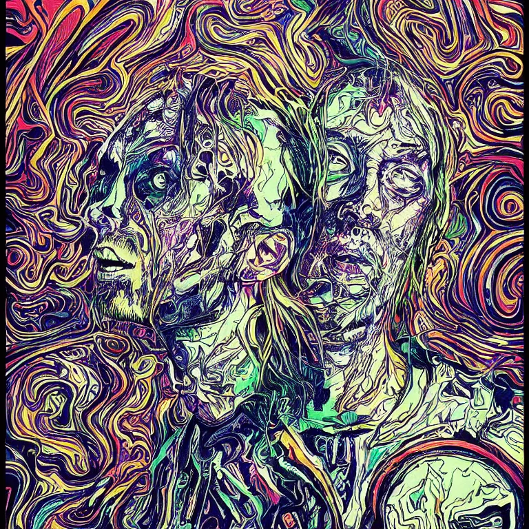 Image similar to beautiful colorful hyperrealist highly detailed psychedelic music poster'zombie thom yorke ', psychedelic art nouveau, beautiful high contrast colored wood engraving, moebius comic style, shocking detail trending on artstation 8 k