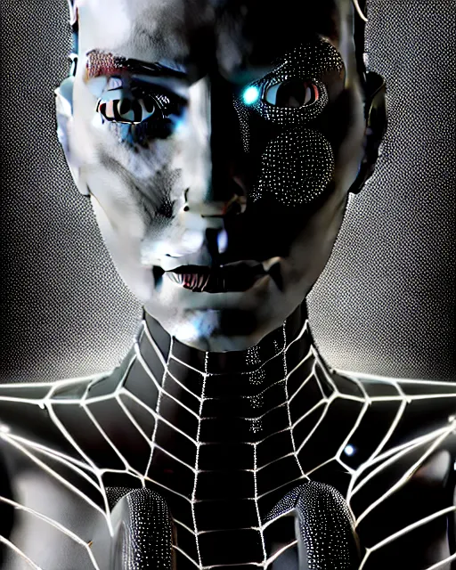 Prompt: black and white cyborg goddess high quality portrait, artificial intelligence, bio-mechanical bio-luminescence, artificial spider web, neurons, nerve cells, octane render, cinematic, hyper realism, high detail, 8k, in the style of Steven Meisel