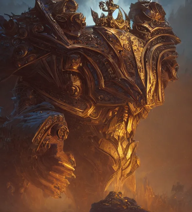 Image similar to a dungeons and dragons storm giant portrait, intricate ornate armor, subject in the middle of the frame, rule of thirds, golden ratio, elegant, digital painting, octane 4k render, zbrush, hyperrealistic, artstation, concept art, smooth, sharp focus, illustration from Warcraft by Ruan Jia and Mandy Jurgens and Artgerm and William-Adolphe Bouguerea