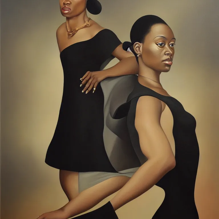 Image similar to a painting of a woman wearing a black dress, a portrait by kadir nelson, trending on cgsociety, afrofuturism, hyper realism, detailed painting, rococo