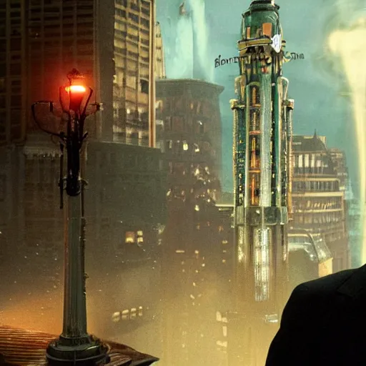 Image similar to screen capture from a live - action bioshock movie. andrew ryan, played by evan peters, is shown standing in an turn of the century style office front of an immense floor - to - ceiling window looking out into the underwater city of rapture. the lights of the city are shining in the distance and an abundance of sea life is shown.