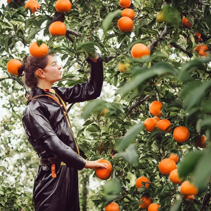 Prompt: a closeup portrait of a woman wearing a vintage diving suit, picking oranges from a tree in an orchard, foggy, moody, photograph, by vincent desiderio, canon eos c 3 0 0, ƒ 1. 8, 3 5 mm, 8 k, medium - format print