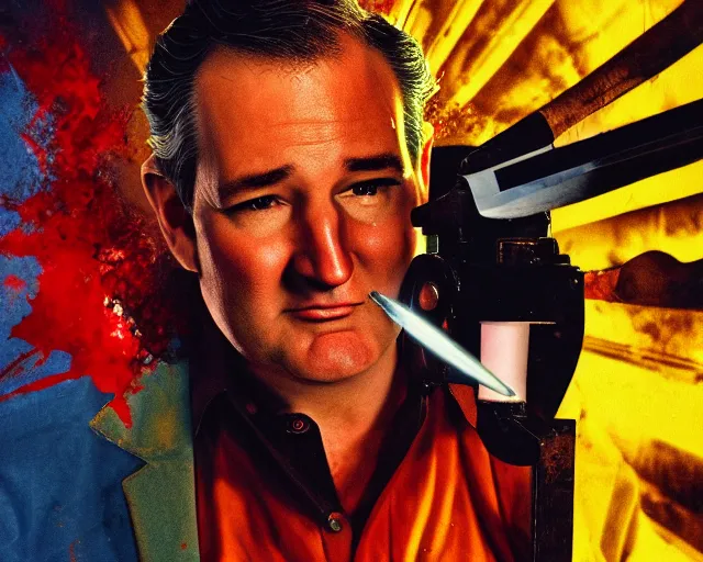 Prompt: bloody ted cruz holding knife with searchlight overhead, shot on technicolour film, action shot