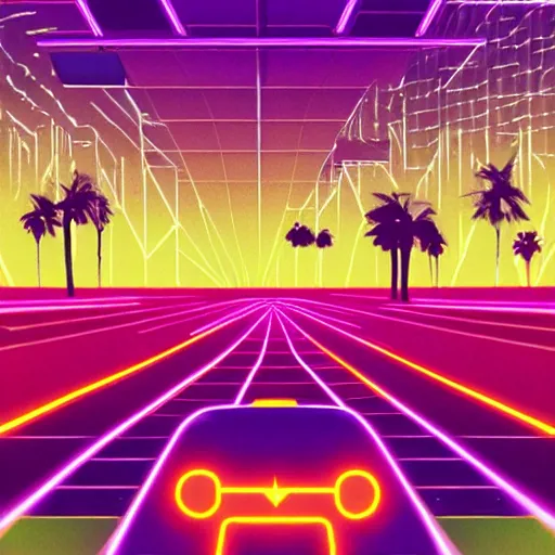 Prompt: retro synthesizers, high tempo, electronic, arcade. outrun will transport you to the 8 0's vision of gridlines, magenta neon, vhs tracking artifacts and speeding deloreans.