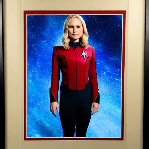 Image similar to a beautiful full body photograph of kristen bell as a star fleet officer from star trek next generation, extreme realism and detail, 8 k, completely framed, direct lighting, 3 5 mm photo, photorealistic, sharp focus